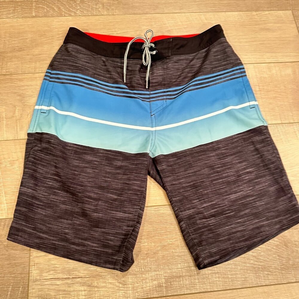 Goodfellow & Co Mens 32 Striped Blue & Black Swim Trunks With Drawstring Waist